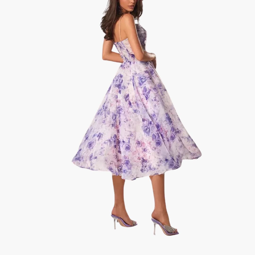 MW | Damen A-Linien Midikleid mit Blumendruck und Spaghetti-Trägern