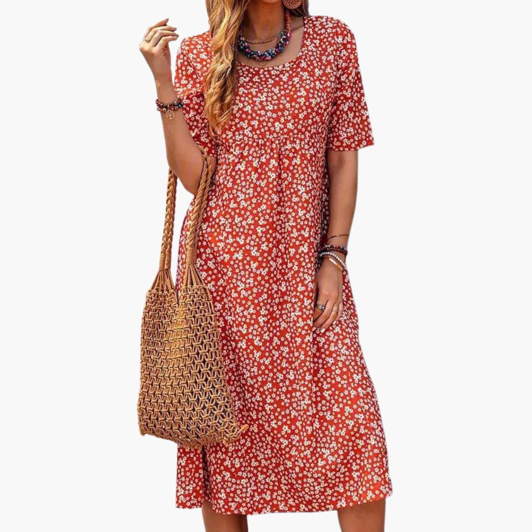 MW | Damen Boho Midikleid mit kurzen Ärmeln und Taschen