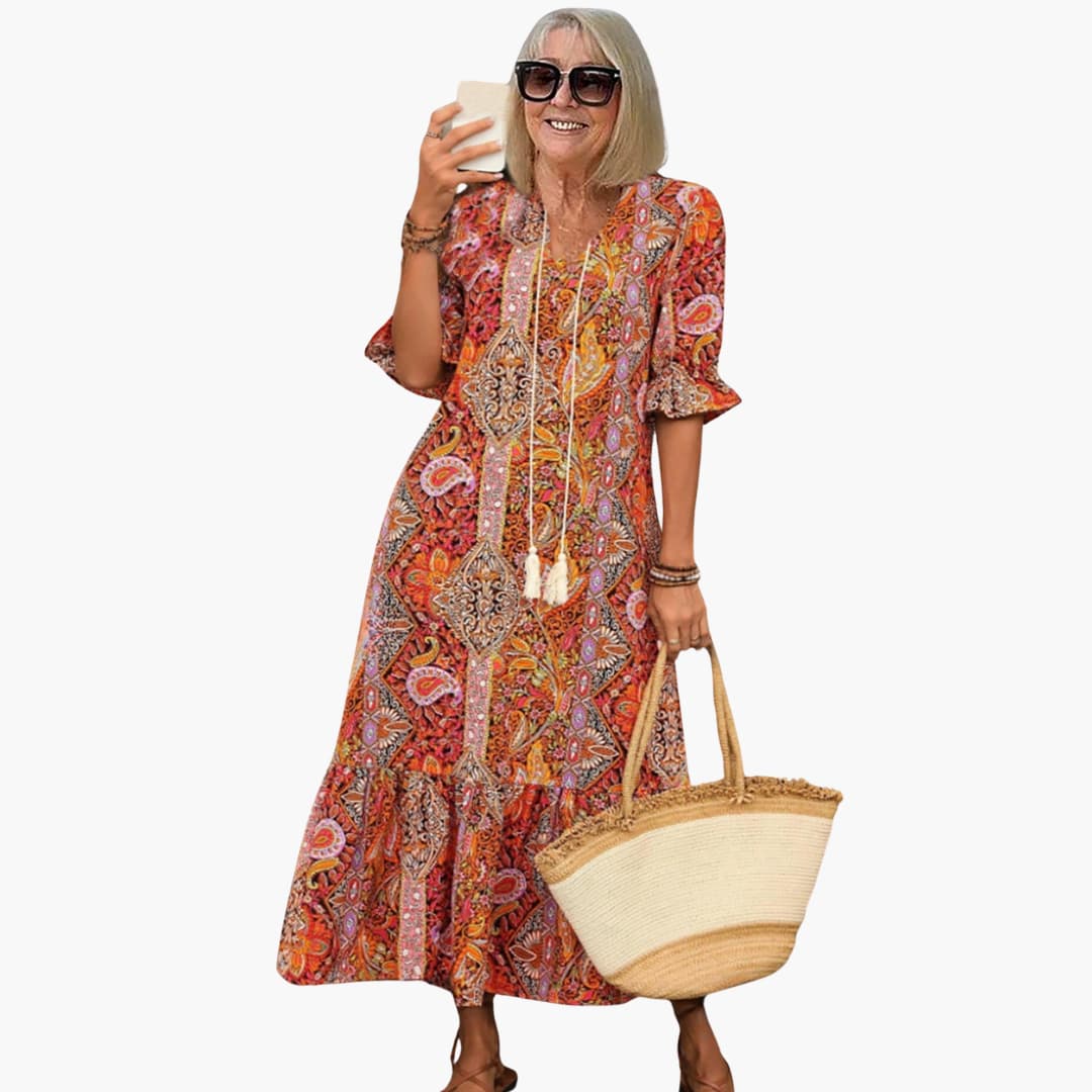 MW | Damen Boho-Midikleid mit halben Ärmeln und Paisley-Print