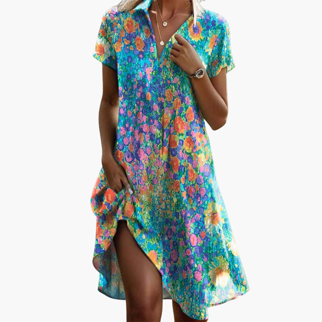 MW | Damen Boho Midikleid mit Taschen und kurzen Ärmeln