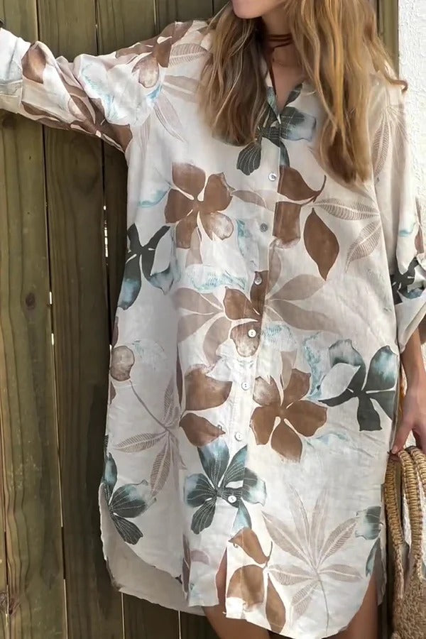 MW | Botanical Print Langärmeliges, einreihiges, lockeres Midikleid mit Taschen
