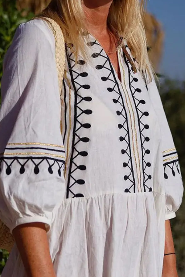 MW | V-Ausschnitt Lässig Lose Bestickt Midi-Ärmel Midi Kleid