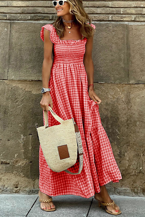 MW | Singing Solo Multi Plaid Maxi Kleid mit gesmoktem Oberteil