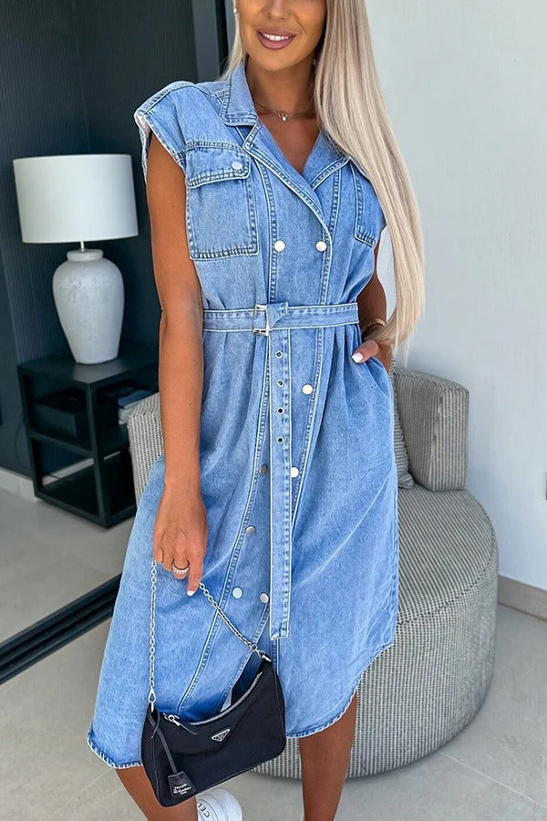 MW | Solide Farbe Lässig Revers Ärmellos Knopf Tasche Taille Krawatte Denim Midi Kleid