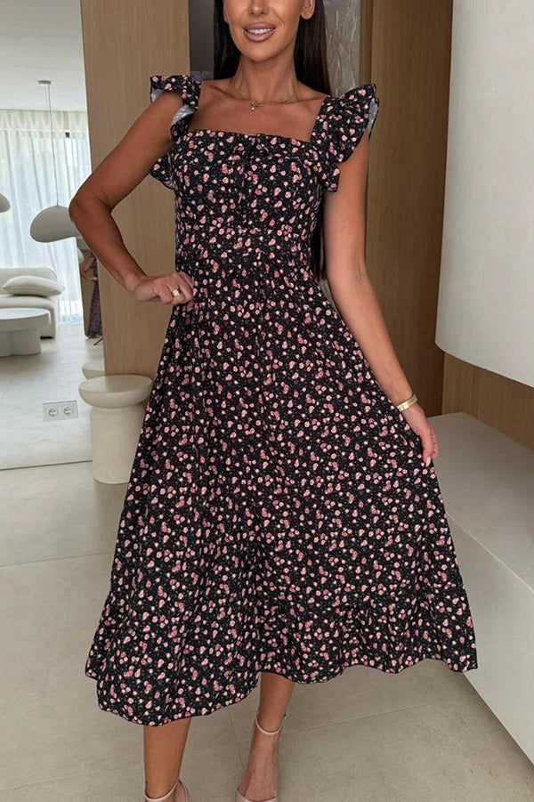MW | Floral Print Quadratischer Ausschnitt Plissierter Rücken Midikleid