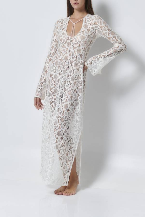MW | Santorini Sonnenuntergang Floral Spitze Langarm Schlitz Urlaub Maxikleid