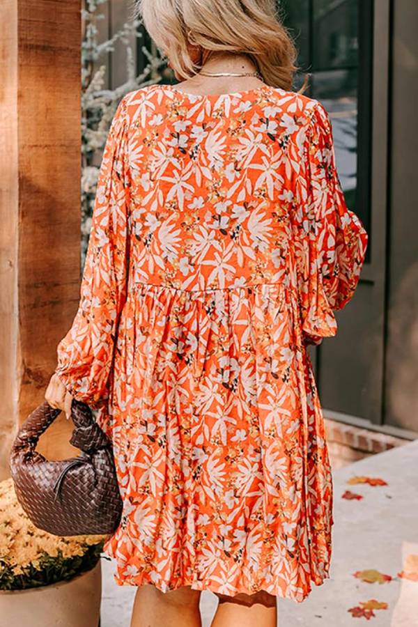 MW | Orange Floral Print Split V-Ausschnitt Bubble Sleeve Plus Size Midi-Kleid