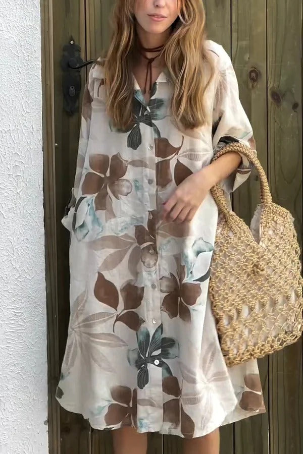 MW | Botanical Print Langärmeliges, einreihiges, lockeres Midikleid mit Taschen