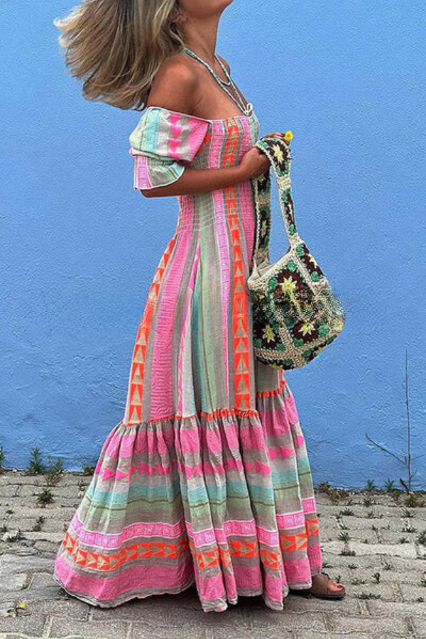 MW | Musikfestival Geometrisches Farbblock-Taschenkleid Boho-Maxikleid im Smokestil