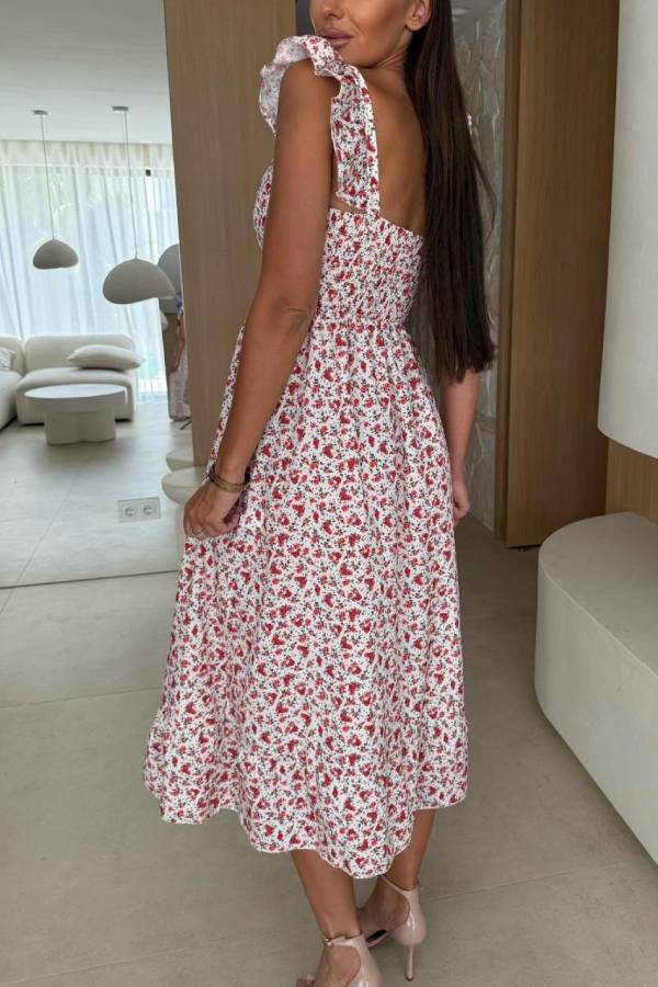 MW | Floral Print Quadratischer Ausschnitt Plissierter Rücken Midikleid
