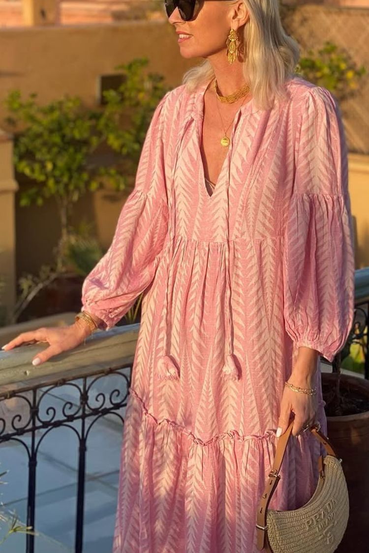 MW | Marrakech Stories Leinenmischung Bedrucktes Midikleid mit Ballonärmeln und Taschen in A-Linie