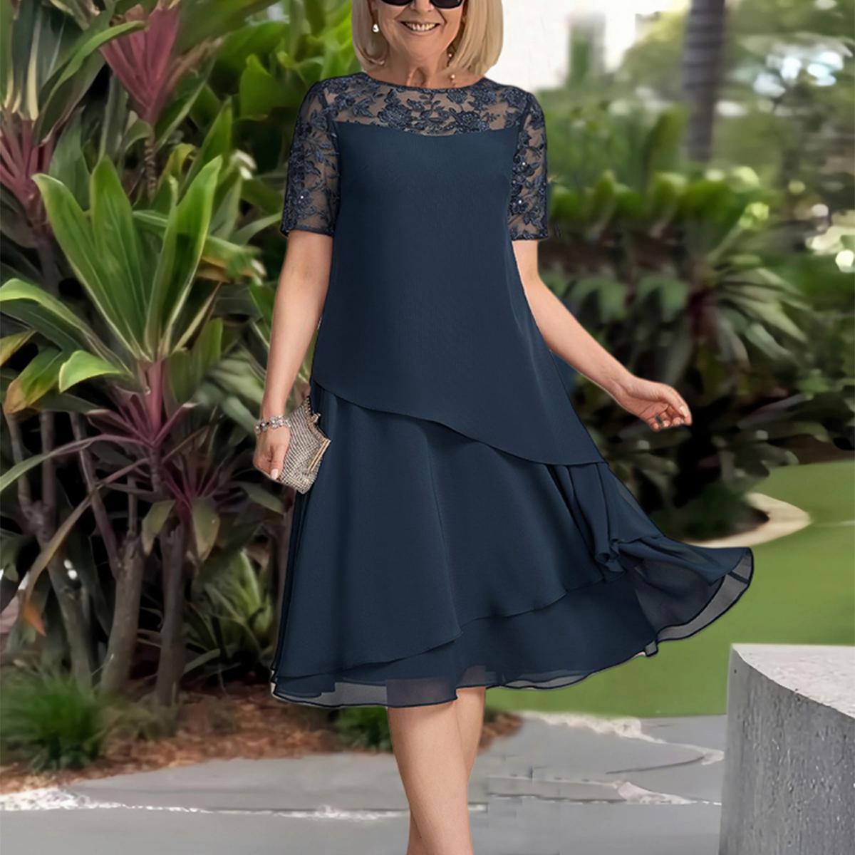 MW | Marineblaues einfarbiges Midikleid mit kurzen Ärmeln