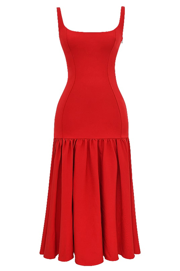 MW | Anmutige Silhouette Quadratischer Ausschnitt Breiter Riemen Tropfen Taille Midi Kleid