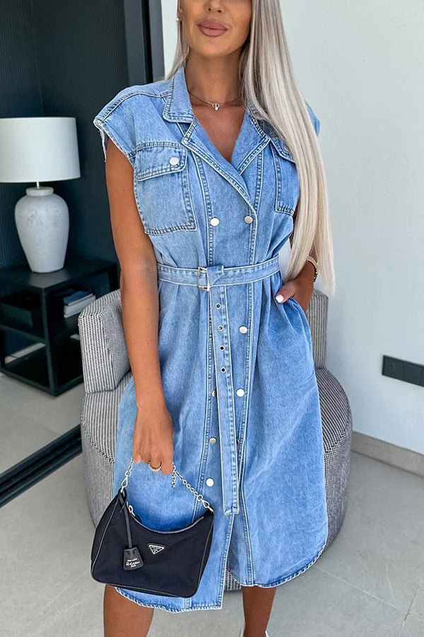 MW | Solide Farbe Lässig Revers Ärmellos Knopf Tasche Taille Krawatte Denim Midi Kleid