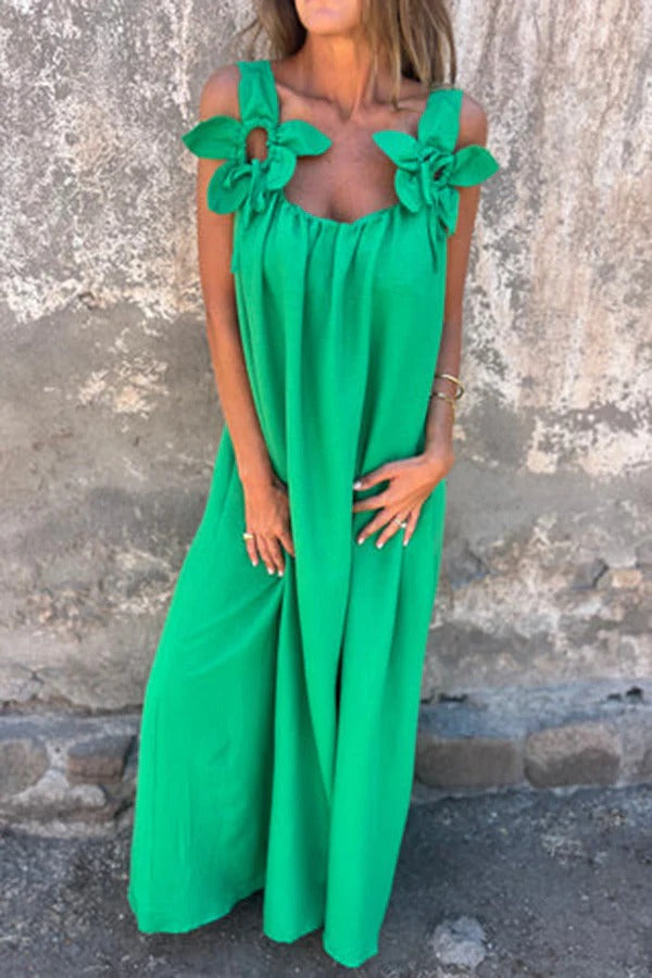MW | Solid Floral Verschönertes Ärmelloses Lose Maxi Kleid
