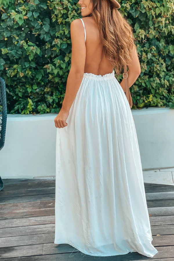 MW | OFF WHITE MAXIKLEID MIT OFFENEM RÜCKEN UND AUSGEFRANSTEM SAUM