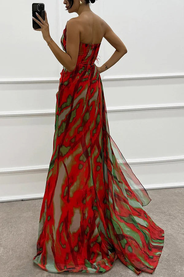 MW | Erstaunliche Ansichten Aquarell drucken Feder Rose Detail schulterfrei plissiert Schlitz Maxikleid