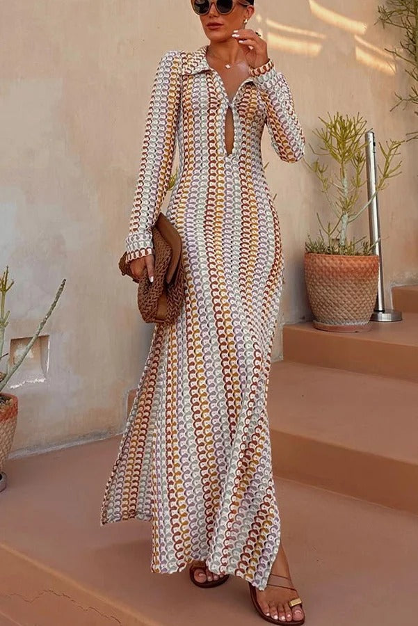 MW | Bondi Strand stricken bunte Welle drucken Langarm Urlaub Maxikleid