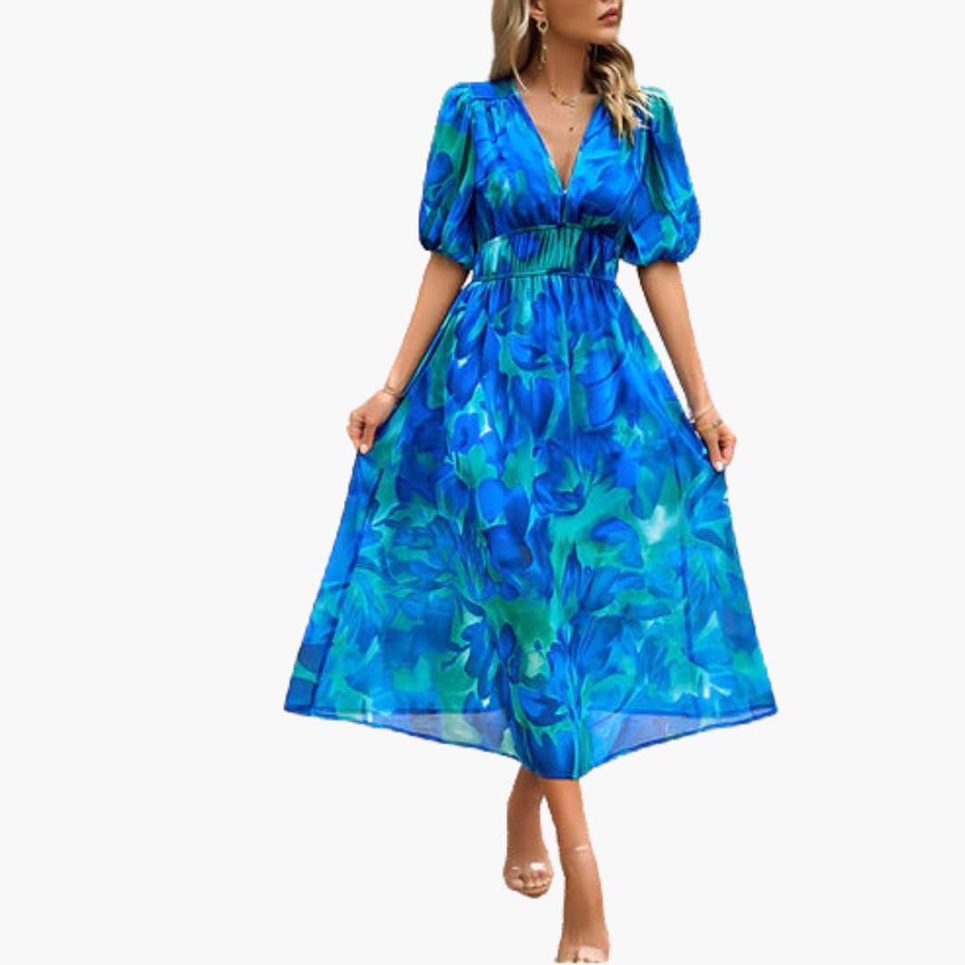 MW | Sommerliches Midikleid für Damen mit Blumendruck und Laternenärmeln