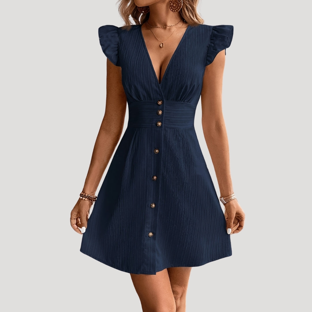 MW | Damen Minikleid mit Rüschenärmeln und Knopfleiste