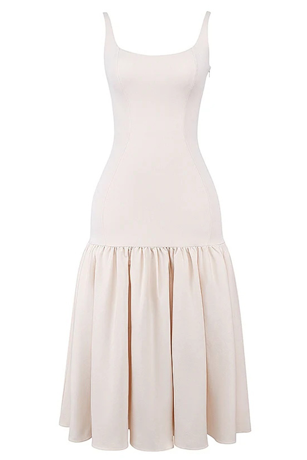 MW | Anmutige Silhouette Quadratischer Ausschnitt Breiter Riemen Tropfen Taille Midi Kleid