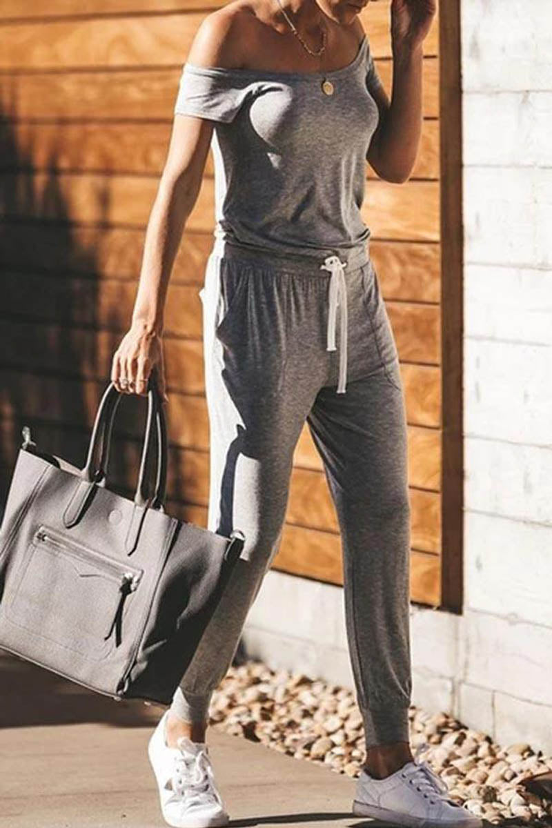 MW | Kurzarm solide Farbe eine Schulter lässig tragen Jumpsuit