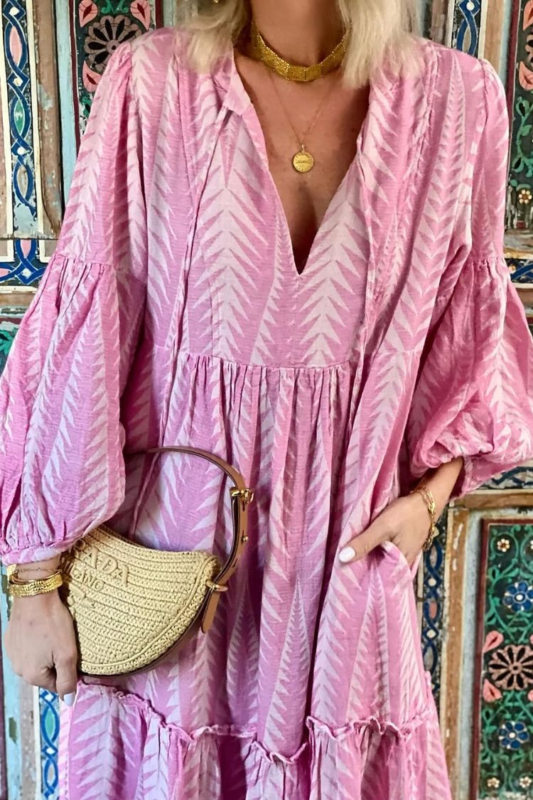 MW | Marrakech Stories Leinenmischung Bedrucktes Midikleid mit Ballonärmeln und Taschen in A-Linie