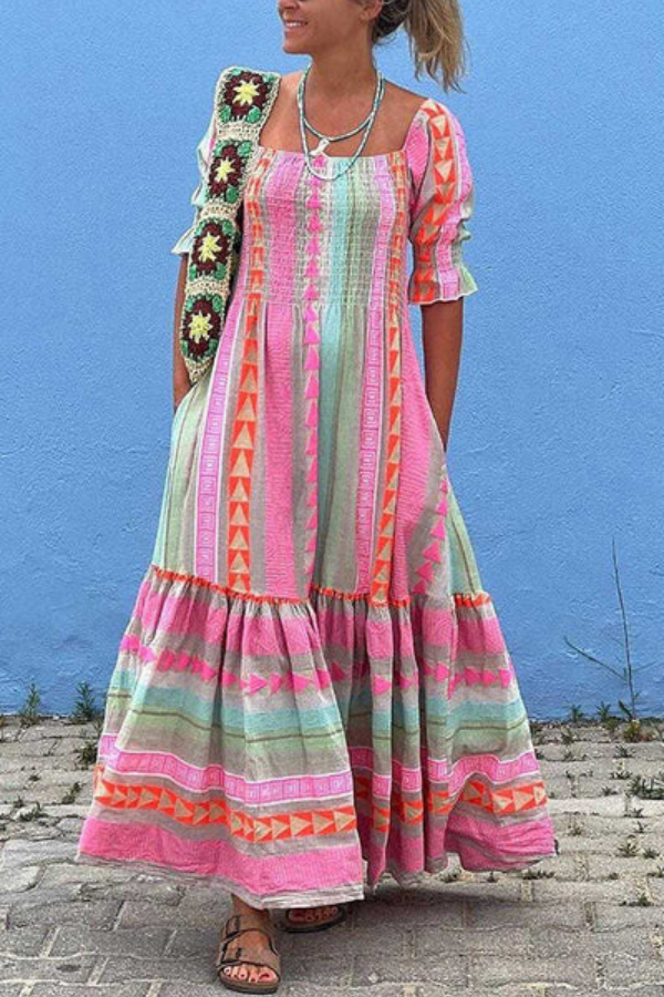 MW | Musikfestival Geometrisches Farbblock-Taschenkleid Boho-Maxikleid im Smokestil