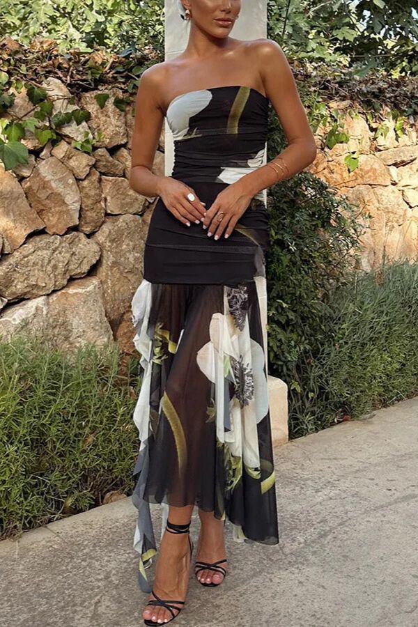 MW | Raquel Mesh Overlay Floral Print Schulterfrei Gerüscht Rüschen Stretch Midi Kleid