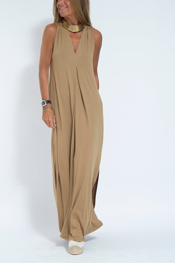 MW | Elegant ist ewig stricken solide Farbe ärmellose Schlitz Maxi Kleid