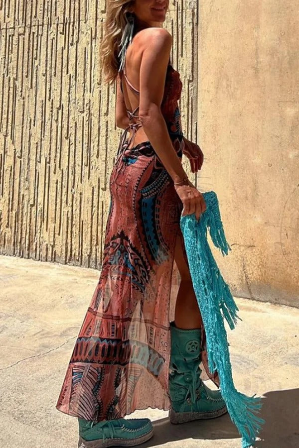MW | Gypsy Style Einzigartiger Druck Cowl Neck Rücken Schnürung Schlitz Midi Kleid