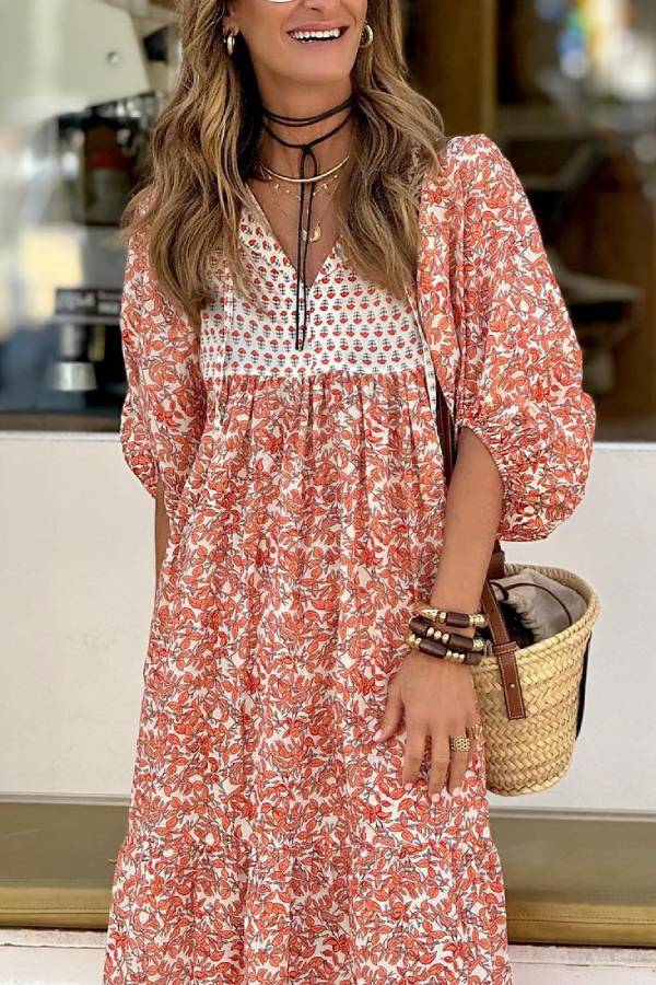 MW | Boheme Lifestyle Bedrucktes Maxikleid mit lockeren Puffärmeln