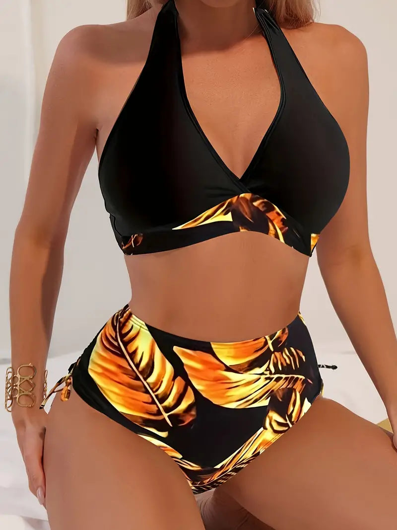 MW | Stylischer tropischer Blattdruck Halter-Bikini