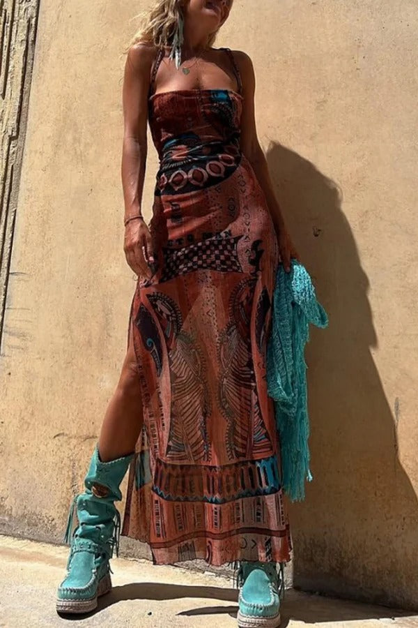 MW | Gypsy Style Einzigartiger Druck Cowl Neck Rücken Schnürung Schlitz Midi Kleid
