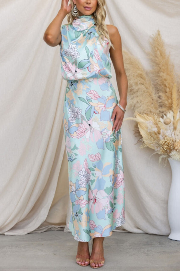 MW | Love In The Garden Floral Halter Neck Elastische Taille Maxi Kleid