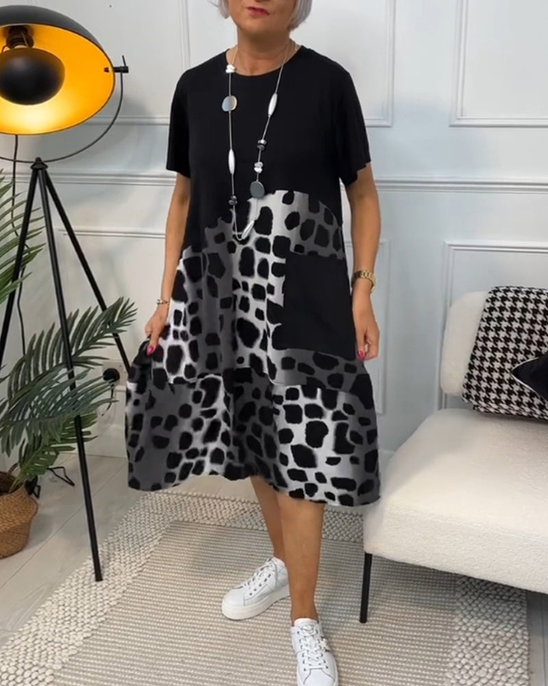MW | Stilvolles kurzärmeliges Midikleid mit Leopardenmuster