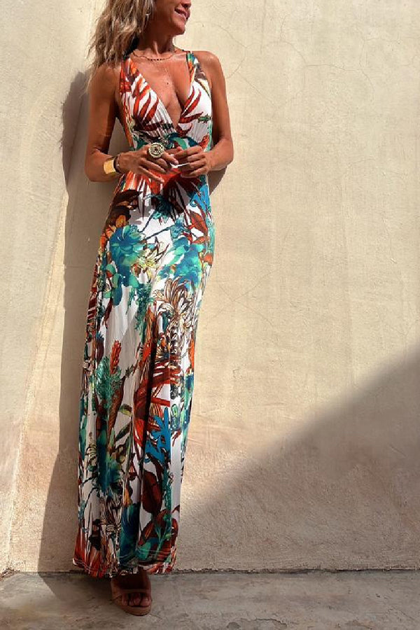 MW | RAINFOREST PARADISE TROPISCHEN DRUCK AUSSCHNITT ZURÜCK CROSSOVER STRETCH MAXI KLEID
