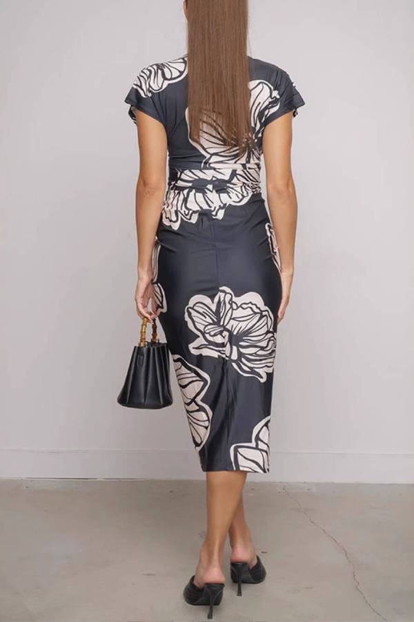 MW | Unique Bella Kontrast Farbe Unique Print Dolman Ärmel geraffte Schlitz Midi-Kleid