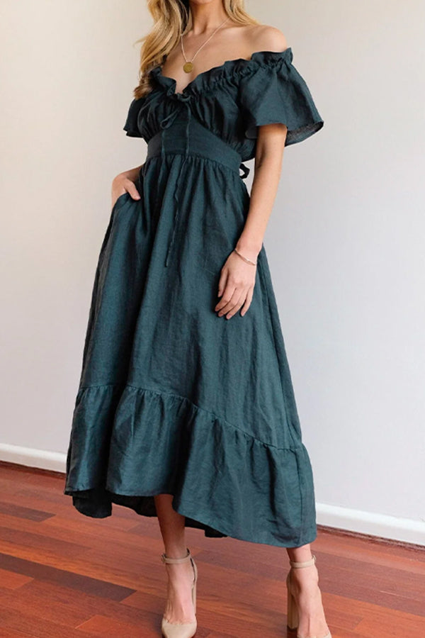 MW | GERÜSCHTER SAUM SCHULTERFREIES MIDIKLEID