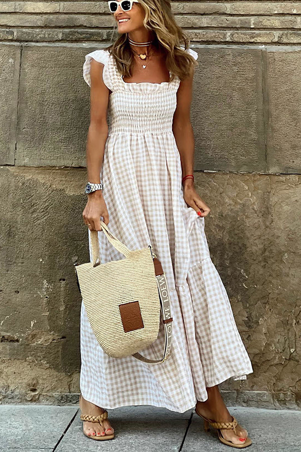 MW | Singing Solo Multi Plaid Maxi Kleid mit gesmoktem Oberteil