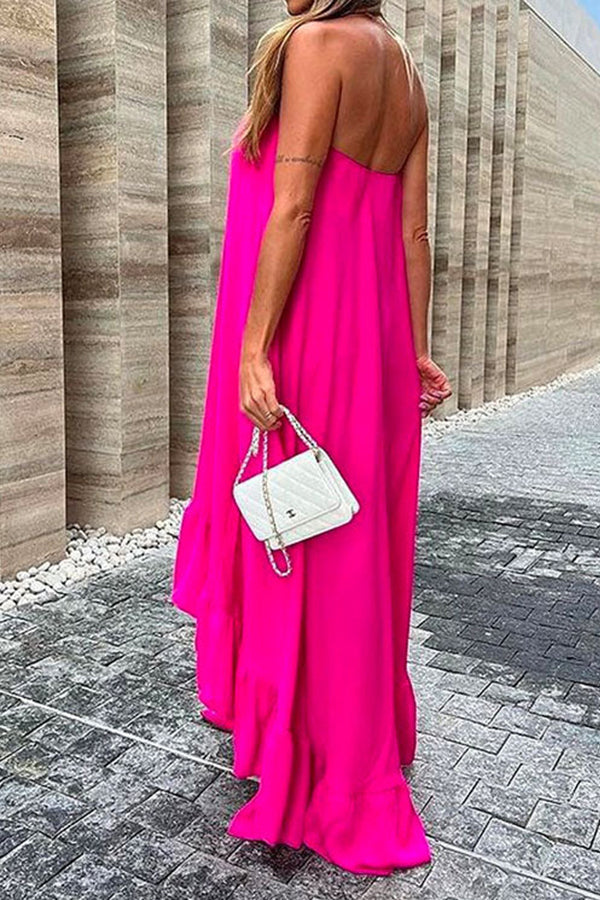 MW | Ärmelloses, schulterfreies, unregelmäßiges Maxikleid mit Rüschen