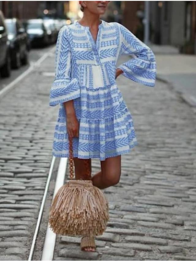MW | Swing Kleid Kurzes Minikleid Schwarz Blau Blushing Pink Grün 3/4 Länge Ärmel Geometrischer Druck Frühling Sommer V-Ausschnitt Boho Flare Manschette Ärmel 2021 S M L XL XXL 3XL