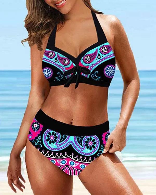 MW | Plus Größe Vintage Floral Print Lace Up Halter V-Ausschnitt Sexy Bikini Set