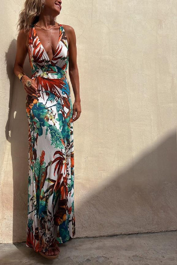 MW | RAINFOREST PARADISE TROPISCHEN DRUCK AUSSCHNITT ZURÜCK CROSSOVER STRETCH MAXI KLEID
