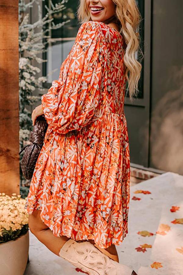 MW | Orange Floral Print Split V-Ausschnitt Bubble Sleeve Plus Size Midi-Kleid