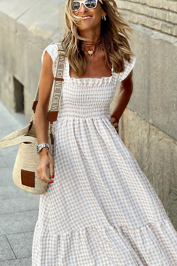 MW | Singing Solo Multi Plaid Maxi Kleid mit gesmoktem Oberteil