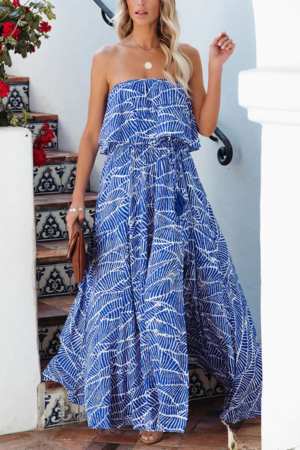 MW | Sommer Picknick Bedrucktes Elastisches Taille Trägerloses Krawatten Maxikleid