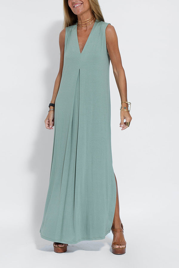 MW | Elegant ist ewig stricken solide Farbe ärmellose Schlitz Maxi Kleid