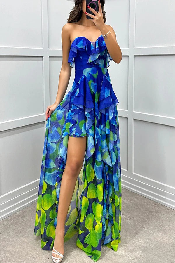 MW | Loving Moment Gradient Einzigartiger Druck Fließend Geschichtet Rüschen Trägerlos Schlitz Maxikleid
