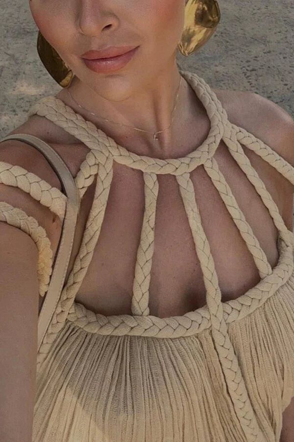 MW | Modern und anspruchsvoll Leinenmischung Drapierte Zöpfe Cover Up Maxikleid